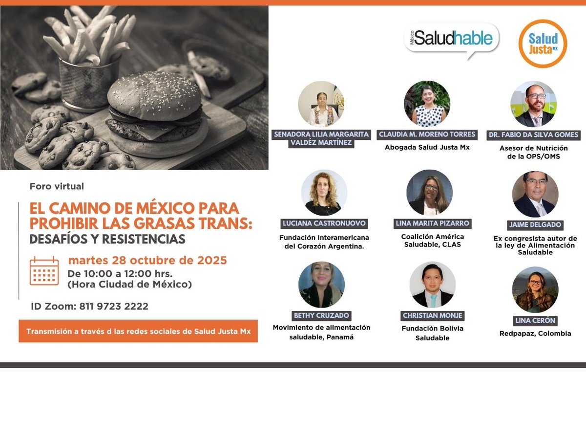 jrdelgadoz's tweet photo. Participaré este 28 de octubre (11:00 a.m. 🇵🇪) en el foro “El camino de México para prohibir las grasas trans”.
Un paso clave hacia políticas que protejan la salud y garanticen alimentos seguros en la región.
#GrasasTrans #SaludPública #ConsumoResponsable https://t.co/UjiBYbg9nH