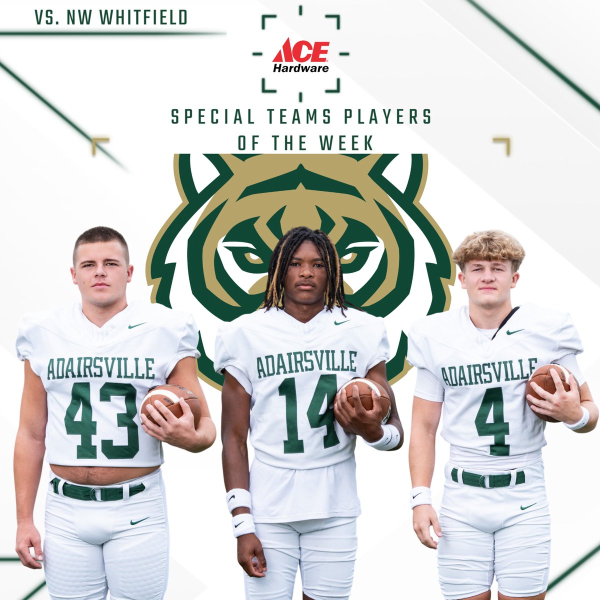 Cooper Souders, Torron Hale, and Colt Sanford earn the Ace Hardware Special Teams Players of the Week! They selected Yearbook to receive $50! Thank you, Ace Hardware of Adairsville, for supporting the Tigers!!
