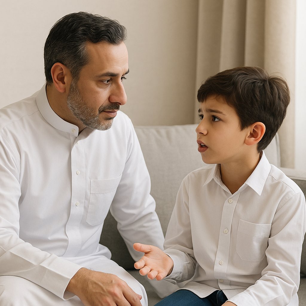 لا بد ان نعلم ان الاحترام يسبق التربية، فقبل لا توجّه أو تعاقب، أعط ولدك حقه من الاحترام والتقدير. 
الطفل ما يسمع إلا من اللي يحترمه، والاحترام هو المفتاح اللي يفتح لك قلبه. 
طالع فيه وهو يتكلم، خل نبرة صوتك هادئة، وخل بينكم مسافة مريحة. ومثلاً قل له وش اللي مضايقك اليوم؟ عشان