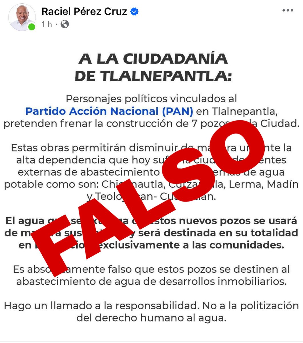 Con todo respeto, aclaramos que esta información que circula es falsa.

Acción Nacional jamás se ha opuesto ni se opondrá a obras que representen un verdadero beneficio para las familias de #Tlalnepantla. Nuestra prioridad siempre ha sido el acceso al agua como un derecho humano,