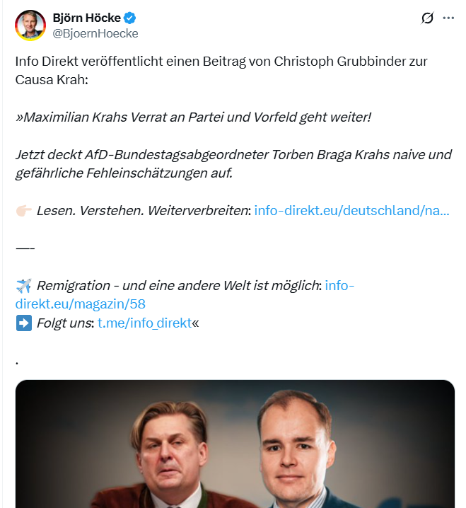 Kreuz Acht (@kreuzacht) on Twitter photo Höcke gegen Krah
Darum geht's: Krah wünscht, dass die AfD in ihrem Remigrationskonzept auf die Vertreibung Deutscher mit Migrationshintergrund verzichtet, weil sonst ein Verbot drohe. Andere lehnen das ab. Höcke gegen Krah
Darum geht's: Krah wünscht, dass die AfD in ihrem Remigrationskonzept auf die Vertreibung Deutscher mit Migrationshintergrund verzichtet, weil sonst ein Verbot drohe. Andere lehnen das ab.