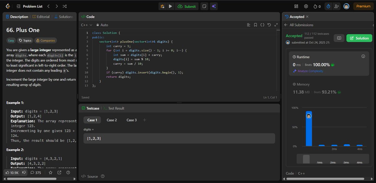 aditya206gupta's tweet image. 🧮 Day 21 of #100DaysOfCode
🔹 Squares of Sorted Array: Used two pointers to merge negative and positive parts efficiently for a sorted squared result.
🔹 Plus One: Handled carry propagation to simulate addition on an integer array.
#LeetCode #Arrays #100DayChallenge #Coding
