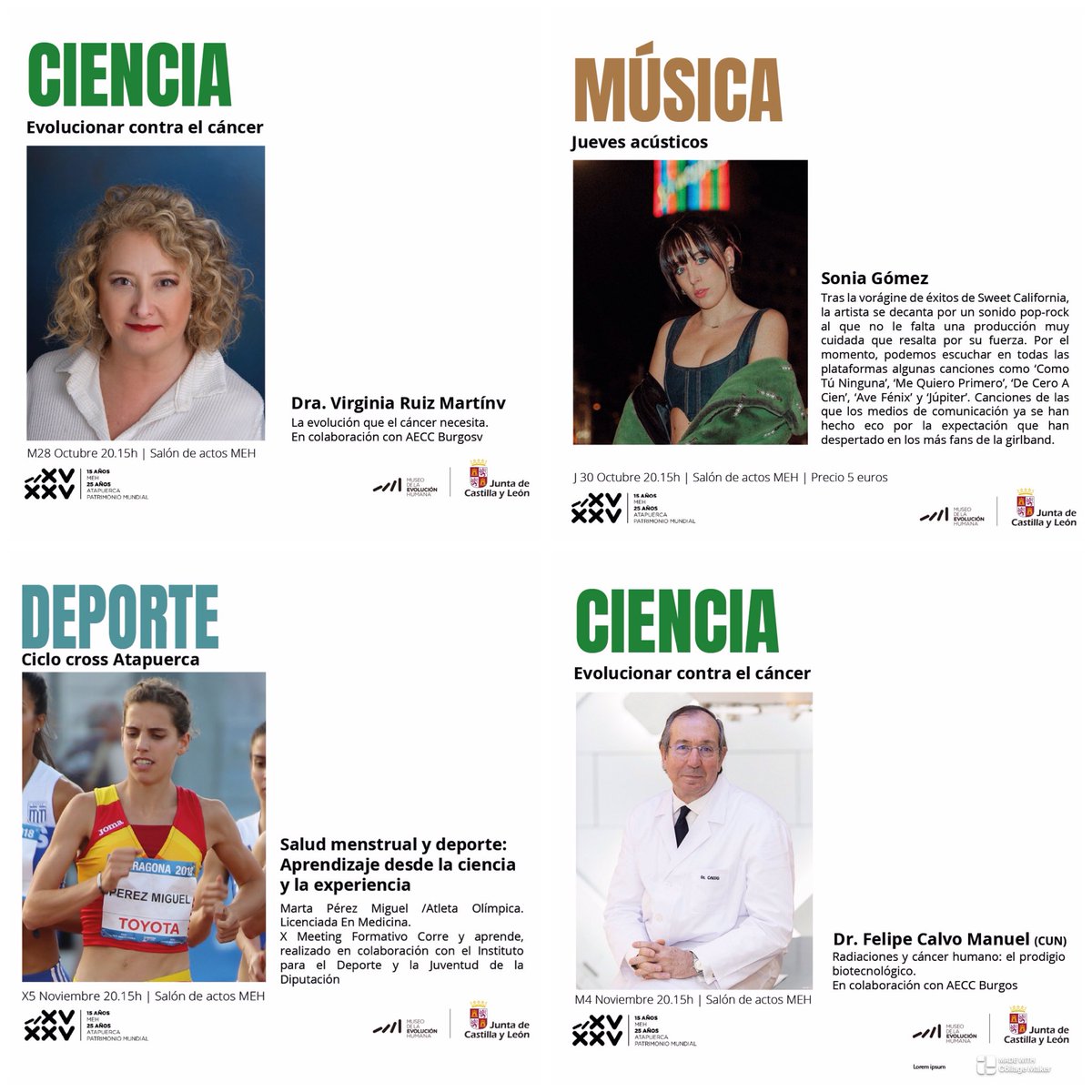 Comenzamos Ciclo Evolucionar contra el cáncer para el público en general con colaboración <a href="/ContraCancerBU/">Asociación Contra el Cáncer BURGOS 💚</a> con doctora <a href="/roentgen66/">Virginia Ruiz</a> HUBU y doctor Calvo <a href="/ClinicaNavarra/">Clínica Universidad de Navarra</a> , vuelven los Jueves Acústicos con Sonia Gómez, y la olímpica Marta Pérez habla sobre salud menstrual y deporte