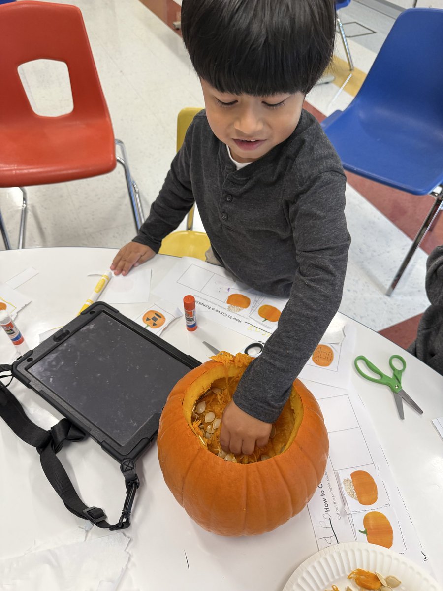Richardella_FLC's tweet photo. For fun Friday, students had to sequence the steps to carve a pumpkin, then they got to assist in removing the seeds and pulp. They also helped pick the shapes for the face. https://t.co/k4uIQz6Ytd