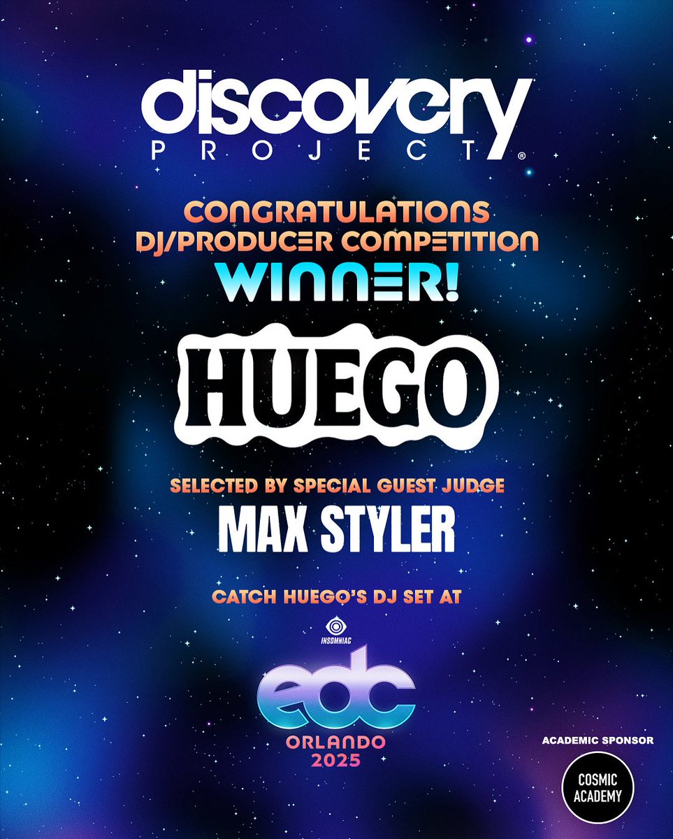 discoveryprjct's tweet image. Congratulations to our @EDC_Orlando #DiscoveryProject winner, @HUEGOexe! 🙌 Hand selected by our special guest judge, @maxstylermusic 🥳

Catch him at circuitGROUNDS on Sunday, November 9th at 1PM! 🎡🌈