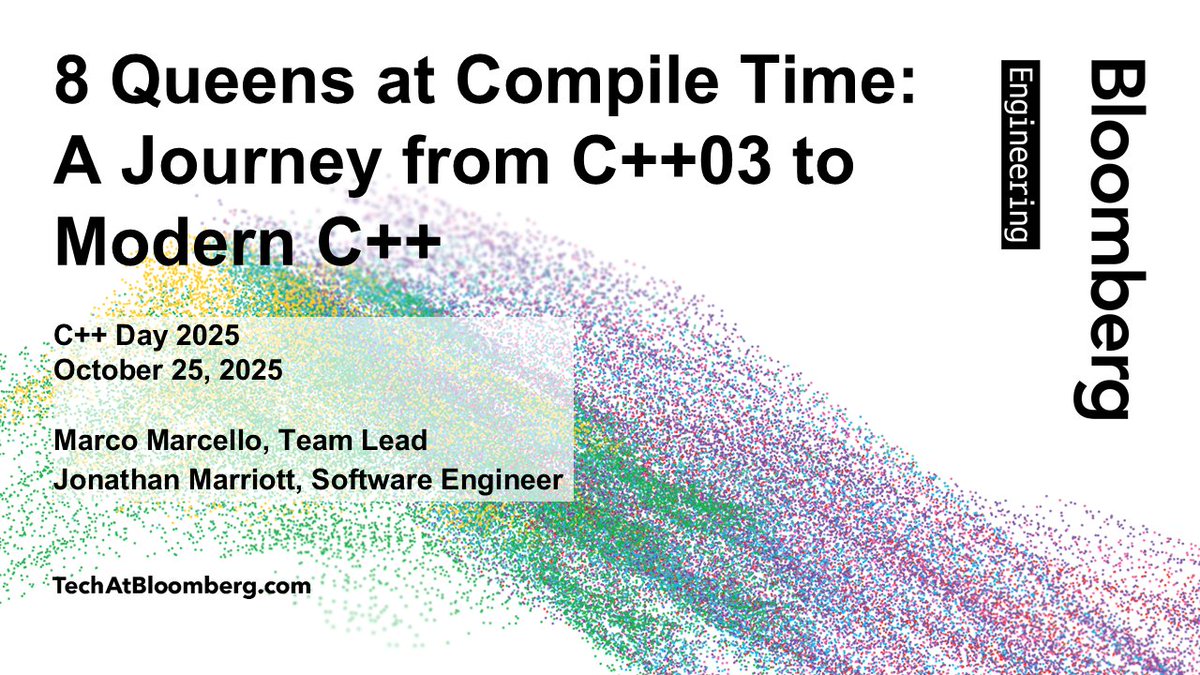TechAtBloomberg's tweet image. In their C++ metaprogramming talk today at C++ Day 2025 (16:00 CEST), Marco Marcello & Jonathan Marriott will highlight how compile-time capabilities have grown and how modern techniques can improve readability, maintainability & performance
bloom.bg/48GXrgn
#cpp #cppday