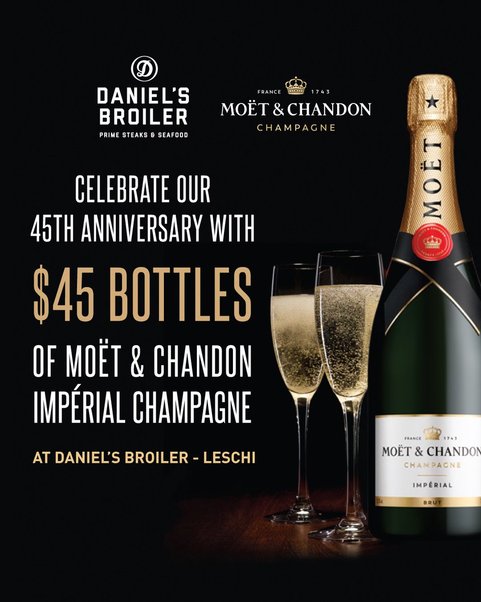 🍾 It’s #ChampagneDay and we’re raising our glasses to 45 amazing years at Daniel's Broiler-Leschi! In celebration, guests have the opportunity to purchase a $45 bottle of Moët &amp; Chandon Impérial Champagne (regular price $140) with the purchase of two dinner entrées.