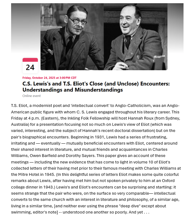 Looking forward to introducing Dr. Roux as she speaks to IFF today on C.S. Lewis and T.S. Eliot. Spoiler alert, I've heard her speak before, and yes, it's going to be great. If you can shake free for 3, you should definitely join us live from Sydney, Sterling, Seguin, and beyond.