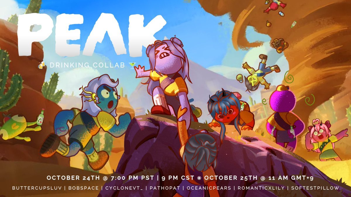 Not me announcing at the last minute, But~~~
Drunk Peak Collab is gonna happen 
TODAY! (lol)

Time : 11am KST, 7PM PST, 9PM CST, 10PM EST
art done by : <a href="/buttercupsluv/">🌸 Athena Buttercups 🌸</a> 

<a href="/buttercupsluv/">🌸 Athena Buttercups 🌸</a>
<a href="/thebobing/">Bobspace</a>
<a href="/CycloneVT/">Cyclone</a>
<a href="/pathopat213/">Open-Comm-Pathopat 🐲 spacedrago</a>
<a href="/romanticxlily/">LILY 𑄝 ♡ ୨୧【 PRE-DEBUT VTUBER 】</a>
<a href="/OceanicPears/">oceanicpears.bsky.social</a>
<a href="/SoftestPillowTV/">SoftestPillow</a>