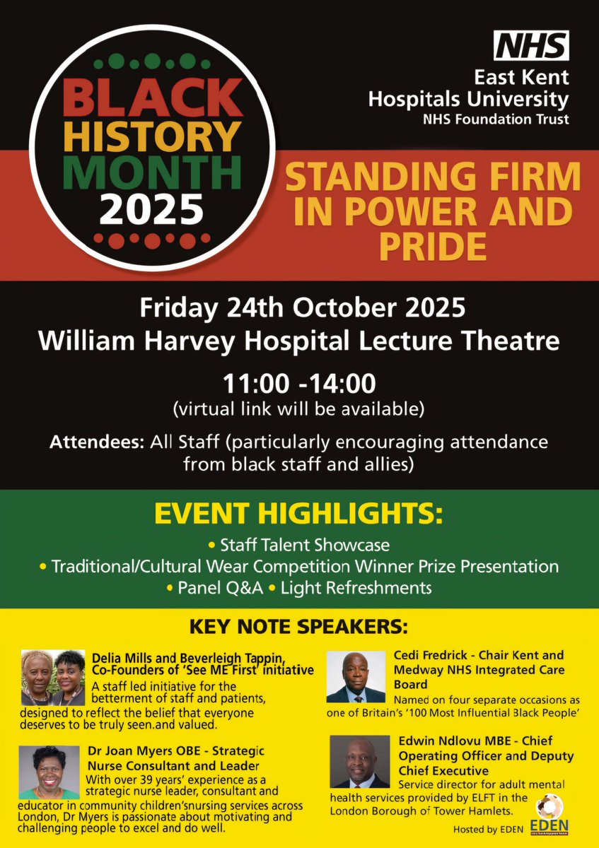DantzDeb's tweet photo. As Chair of @EKHUFT Ethnic Diversity and Engagement Network (EDEN), I can honestly say it has been an honour to have organised the 1st of its kind @EKHUFT Black History Month Celebration event #bhmuk25 
Stand Firm In Power And Pride 👊🏾
Massive THANK YOU to all supporters! https://t.co/4Ml1fUymEM