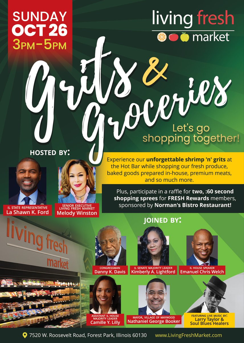 🥣✨ Join us for Grits &amp; Groceries!

🗓️ Sun, Oct 26 | ⏰ 3–5PM
📍 Living Fresh Market, Forest Park

Enjoy shrimp ‘n’ grits, live blues 🎶, and a raffle for TWO 60-sec shopping sprees! 🛒

#GritsAndGroceries #LivingFreshMarket #ShopLocal #ForestParkIL #CommunityEvent