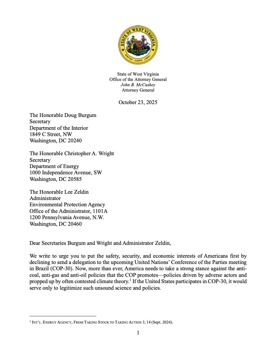 🇪🇸Dieciséis fiscales generales republicanos piden boicotear la COP-30 en Brasil. En su argumentación señalan a España y al gran apagón como ejemplo negativo del impacto económico de las políticas climáticas agresivas, y lo usan como modelo de lo que Estados Unidos no debe hacer.