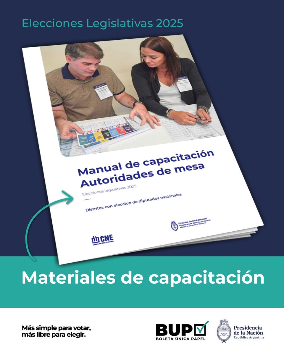 InfoDINE's tweet photo. 🗳️ El domingo  te esperamos en las urnas.

🧾 Ya están disponibles los Materiales de Capacitación para las Elecciones 2025.

📘 Pensados para autoridades de mesa, fiscales, personal del Comando General Electoral y ciudadanía, con toda la información que necesitás para conocer cómo se vota con la Boleta Única Papel.

✅ Entrá, explorá y preparate para una jornada simple, clara y transparente.

🔗 Accedé a los materiales oficiales en 👉 https://t.co/xeBHrUpKRl

#Elecciones2025