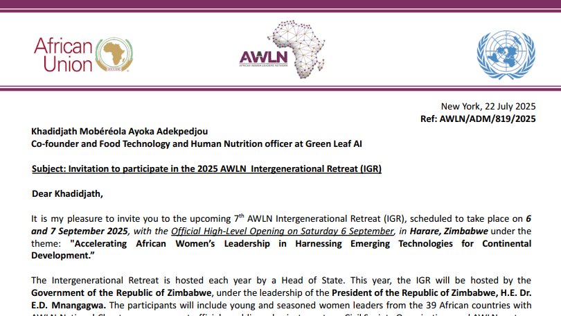 We’re glad to share that our Co-Founder &amp; Food Technology and Human Nutrition Officer, <a href="/Adekpedjoukhady/">ADEKPEDJOU Khadidjath Mobéréola Ayoka</a>, was selected to take part in the 7th African Women Leaders Network (AWLN) Intergenerational Retreat in Zimbabwe 🇿🇼 <a href="/AWLNetwork/">AWLNetwork</a> 

#GreenLeafAI #AWLN #WomenLeadership #AIForGood