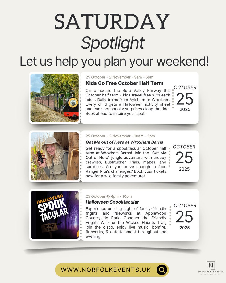 ⭐Saturday Spotlight!⭐

Kids Go Free on <a href="/BureValley/">Bure Valley Railway</a> with spooky surprises 👻
Take on “Get Me Out of Here” challenges at <a href="/Wroxham_Barns/">Wroxham Barns</a> 
Halloween Spooktacular with frights &amp; fun for all ages!

Learn more: norfolkevents.uk #SaturdaySpotlight #NorfolkEvents