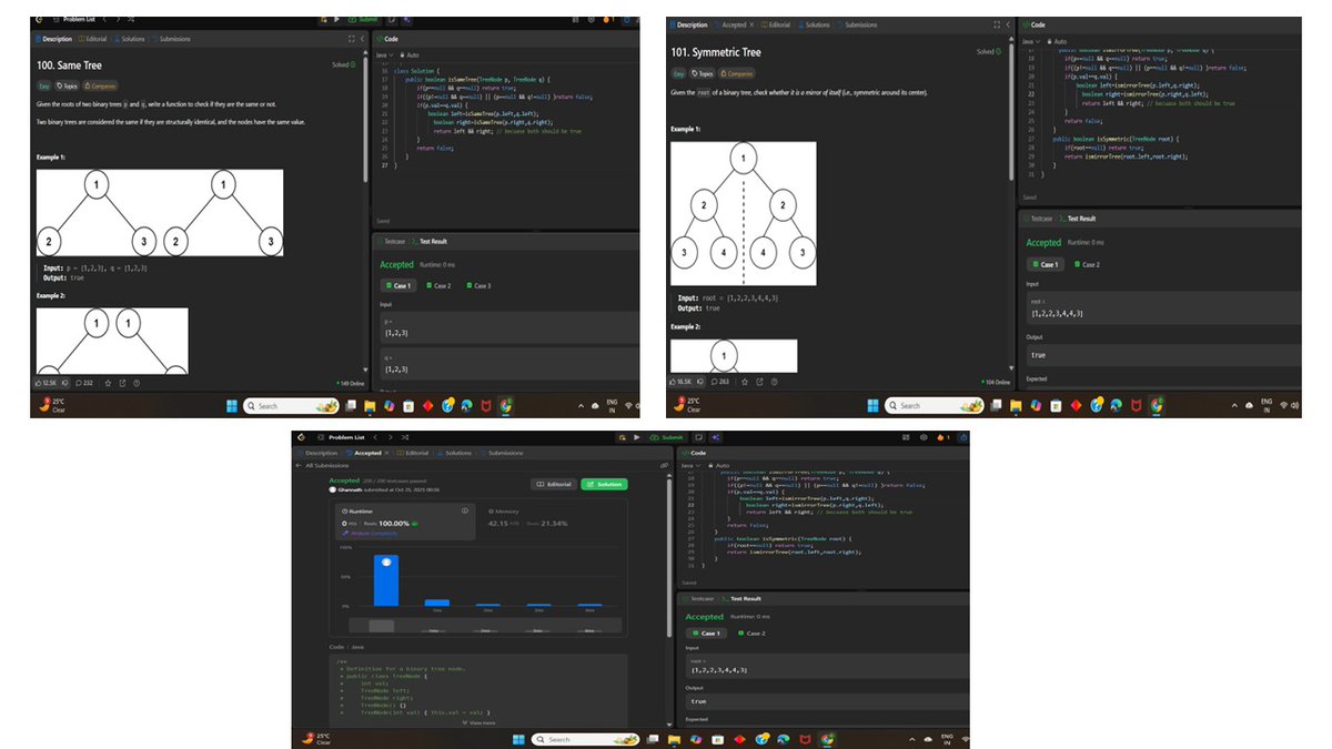 GhannathkK's tweet image. #Day67 
Today Tree and Binary Tree 🌴  data structure started and done with theory and implementation..
😊 solved @LeetCode problems #104 max depth , #100 same tree , and #101 symmetric tree.
 #LeetCode #DataStructures #Algorithms #techwar #SoftwareEngineering 
#Consistency