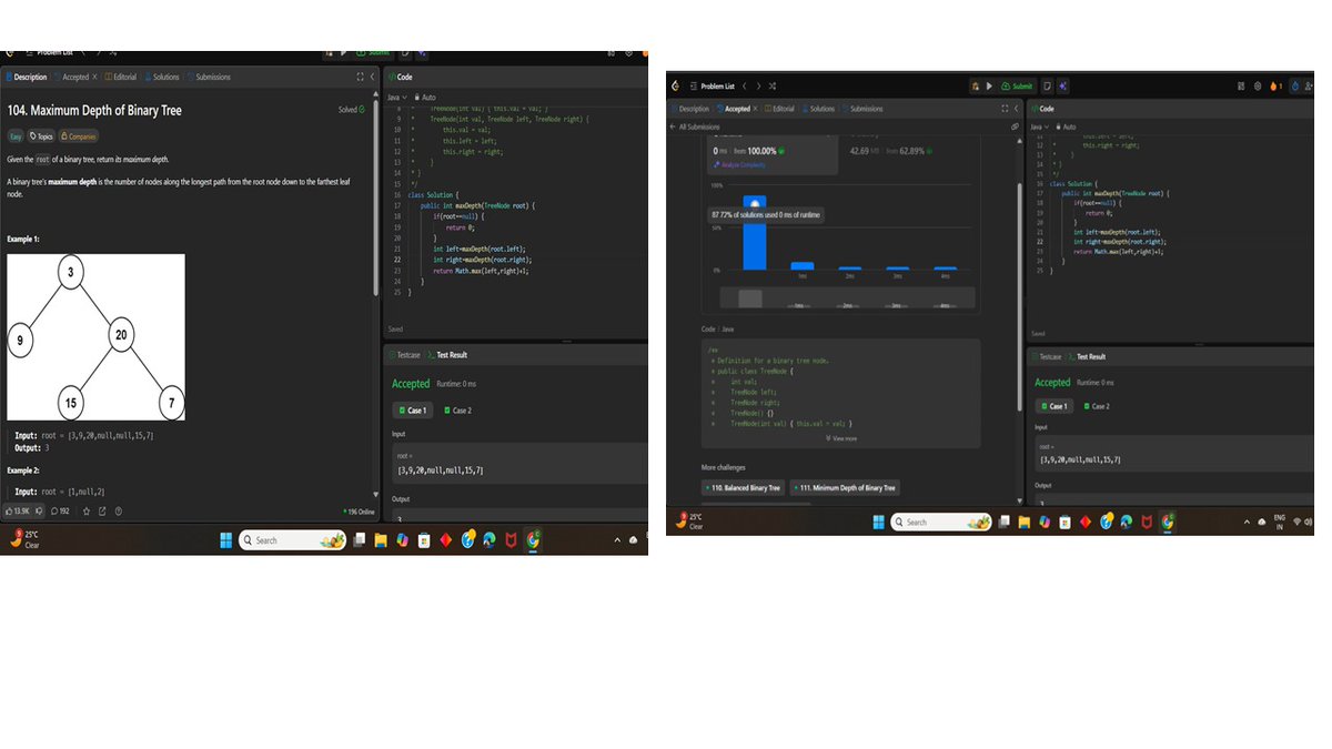 GhannathkK's tweet image. #Day67 
Today Tree and Binary Tree 🌴  data structure started and done with theory and implementation..
😊 solved @LeetCode problems #104 max depth , #100 same tree , and #101 symmetric tree.
 #LeetCode #DataStructures #Algorithms #techwar #SoftwareEngineering 
#Consistency