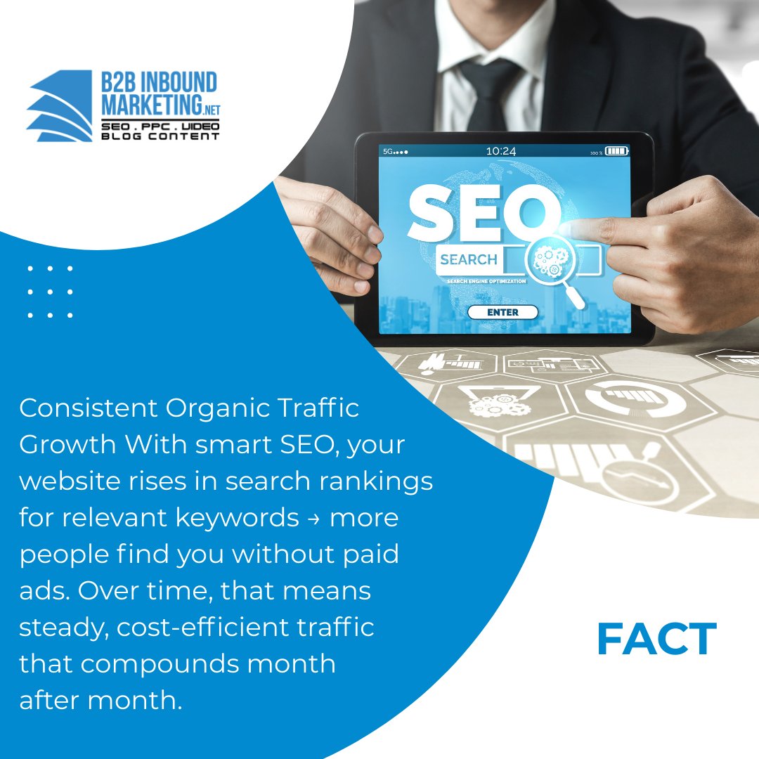 B2Bwebseo's tweet image. Consistent Organic Traffic Growth With smart SEO, your website rises in search rankings for relevant keywords more people find you without paid ads. Over time, that means steady, cost-efficient traffic that compounds month after month.
#SEO #OrganicGrowth