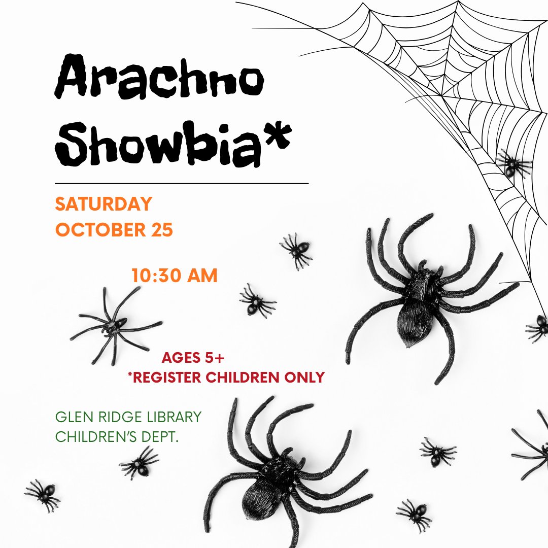 Spiders, spiders everywhere! 🕷️🕸️

Learn all about the amazing eight-legged creatures in Arachno Showbia on Saturday, October 25th at 10:30 AM -

Follow the link to sign your child up: bccls.libcal.com/event/15047961
Children's Program | ages 5+ | Registration Required