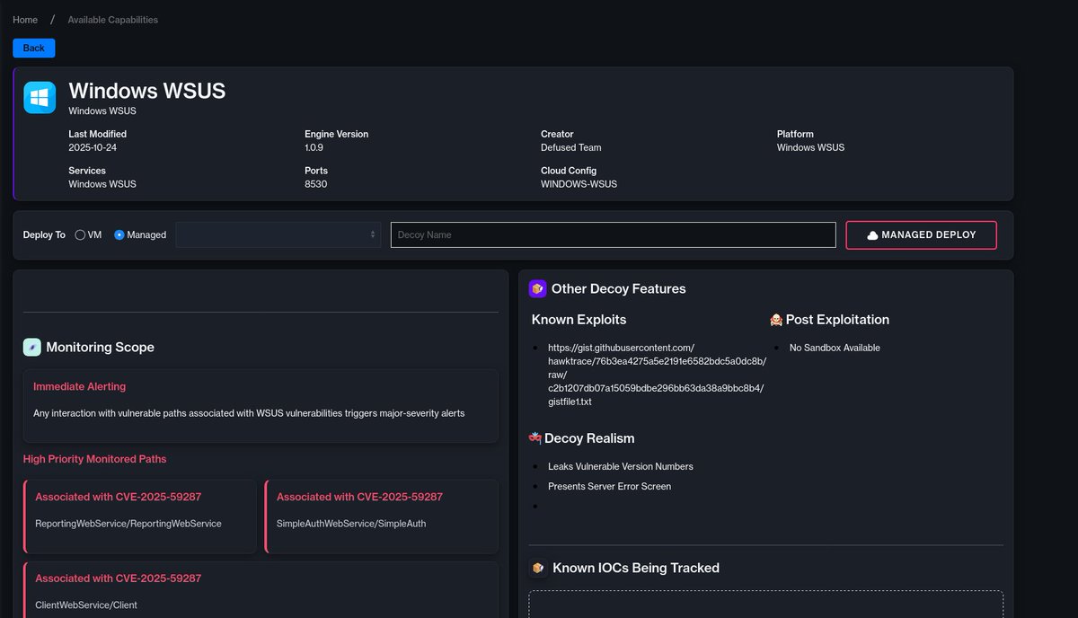 DefusedCyber's tweet image. Critical RCE Vulnerability in Windows Server WSUS 🚨

The vulnerability CVE-2025-59287  has just been added to CISA Known Exploited Vulnerabilities. Attacks are underway and a POC is available.

We have added an WSUS honeypot for Defused Free users for a limited time - take…