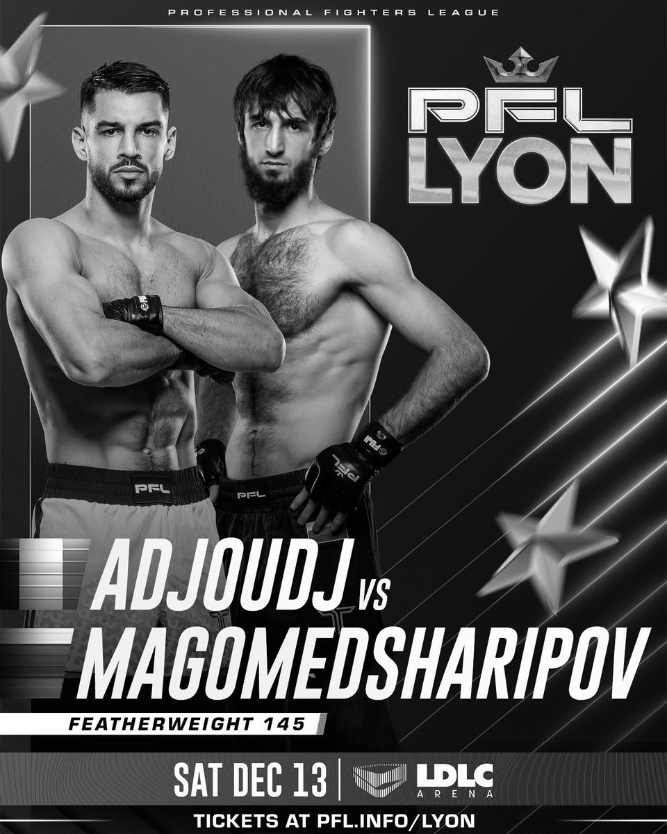 Le combat entre Asael Adjoudj 🇩🇿🇫🇷et Khasan Magomedsharipov 🇷🇺 prévu au PFL Lyon, le 13 décembre est annulé.
Khasan Magomedsharipov serait blessé.

Asael Adjoudj combattra quand même face à un autre adversaire à Lyon.
 
( A. Adjoudj via le live twitch de <a href="/Djalito212/">Djalito 🇲🇦</a>)