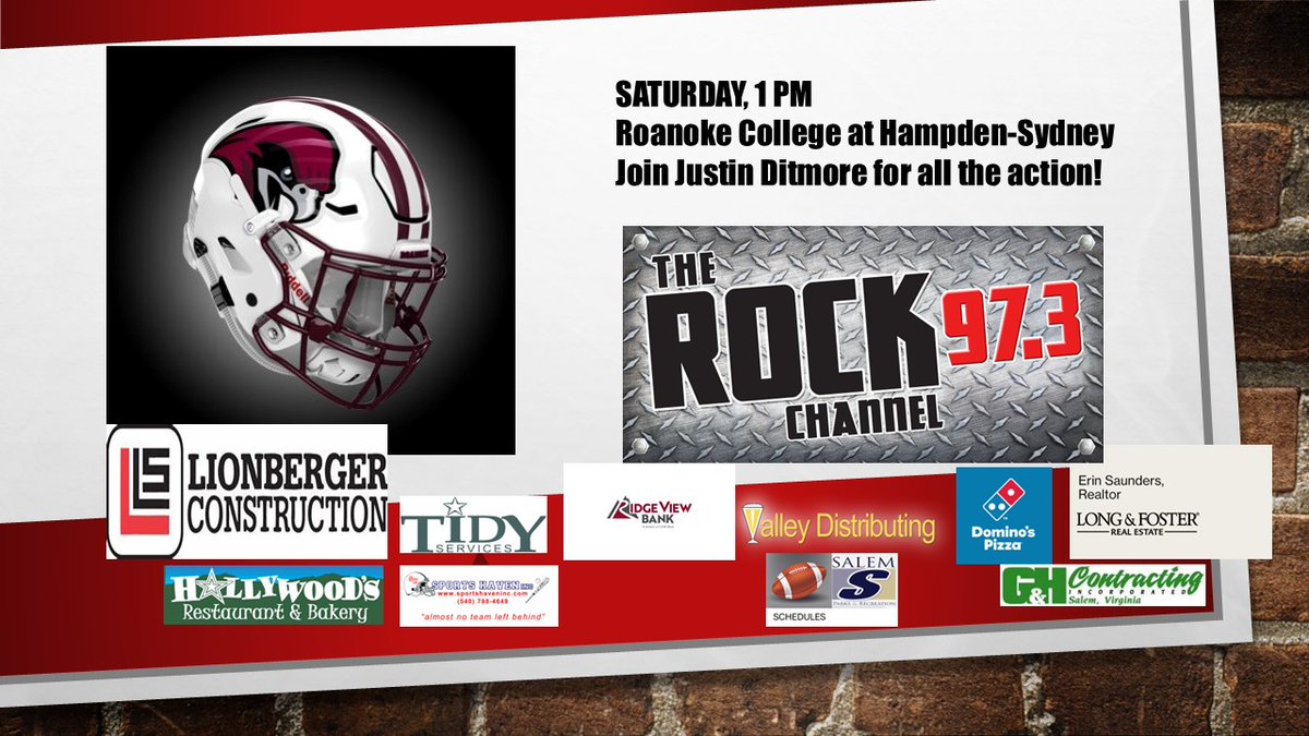 Join me tomorrow for Roanoke College football on 97.3 the ROCK CHANNEL. On the radio, on the app, on your computer, you dont have to miss any of the action.