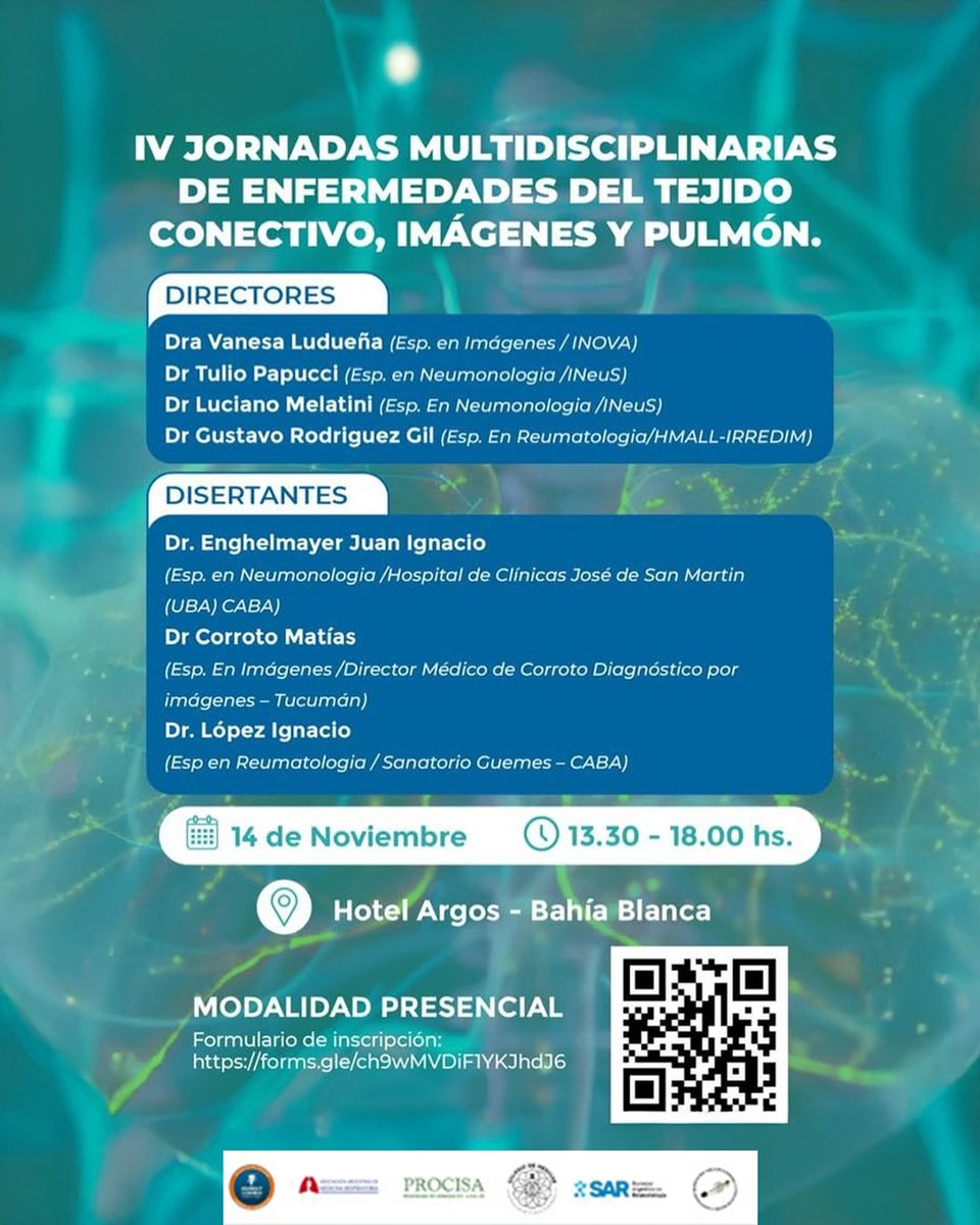 IV JORNADAS MULTIDISCIPLINARIAS DEL TEJIDO CONECTIVO, IMÁGENES Y PULMÓN

📆 14 DE NOVIEMBRE
🕥 De 13:30 a 18 h
📍 España 149 - Hotel Argos

📝Inscripciones abiertas: docs.google.com/forms/d/e/1FAI…

Auspicia PROCISA