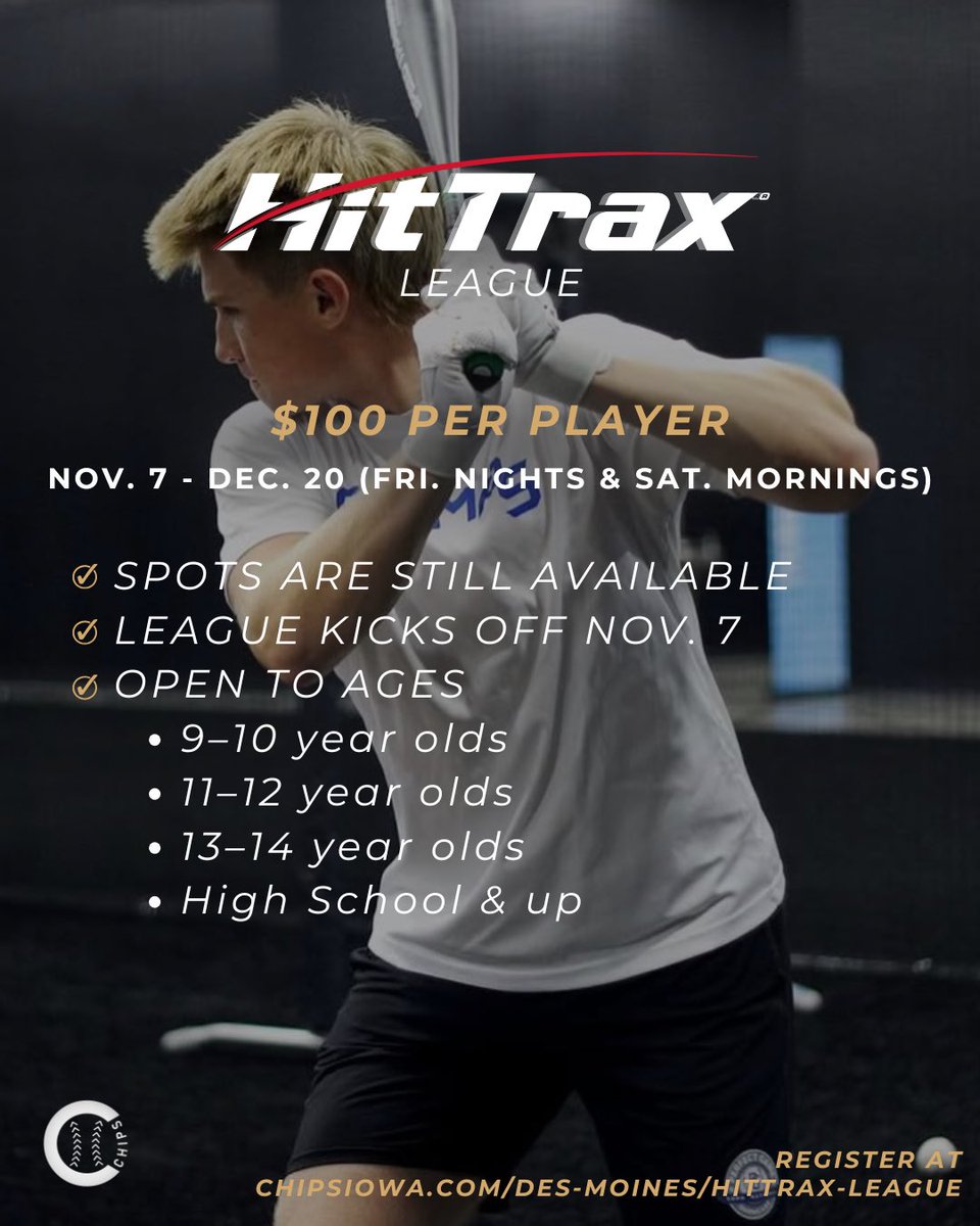 ✌️weeks until our <a href="/HitTraxOfficial/">HitTrax</a> league takes off 

Compete, track your stats, and level up your game in a fun, competitive environment. 

📅: Nov. 7 - Dec. 20 (Fri. nights &amp; Sat. mornings) 
🏷️: $100 per player 
📍: CHIPS Performance DSM 

👉 chipsiowa.com/des-moines/hit…