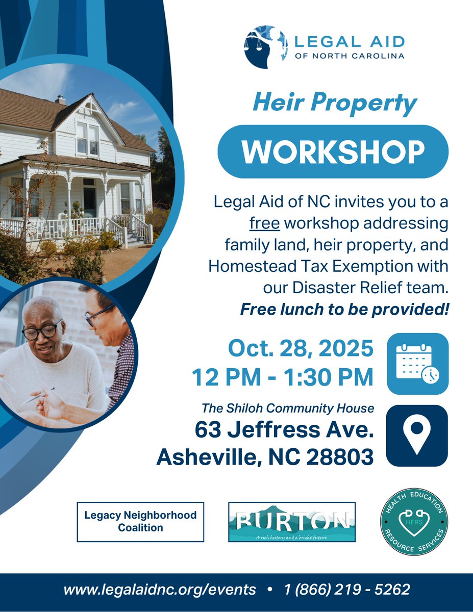DRPLegalAidNC's tweet photo. Attention Asheville: join us for a legal clinic on Oct 28 to learn about family land, heir property, and the homestead tax exemption with Legal Aid of North Carolina's Disaster Relief team! Learn more about this event and others at https://t.co/IQUMAd1QCI
#legalaid #northcarolina https://t.co/N9fyCiGfnO