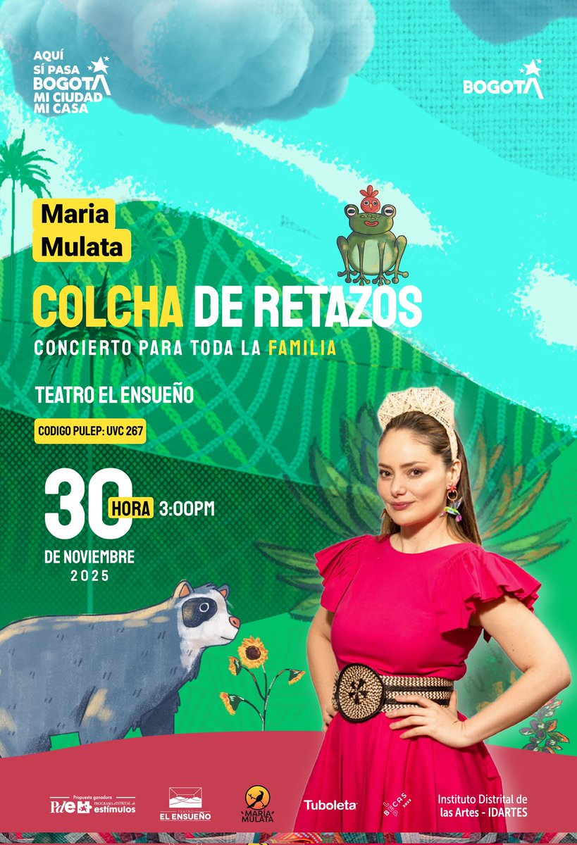 🎶✨ El #TeatroElEnsueño, de la #RedDeEscenariosDeBogotá, presenta 'Colcha de Retazos', un concierto interactivo de María Mulata.

📅 30Nov  – 3 p.m.
📍 Tv. 70 D # 60-90 sur – Barrio Madelena
🎟️ Entradas en TuBoleta 👉 tuboleta.com/es/eventos/mar…

#AquíSíPasa #UnEscenarioMilEmociones