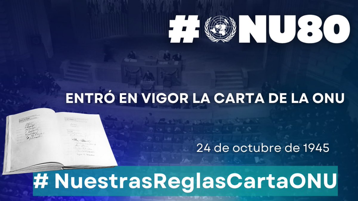 #ONU80

🇺🇳 #TalDíaComoHoy, hace 8⃣0⃣ años, entró en vigor la Carta de las Naciones Unidas. Este hito se considera la fecha de la fundación de la ONU.

La idea de crear una organización internacional universal para el mantenimiento de la paz surgió durante los años de la Segunda