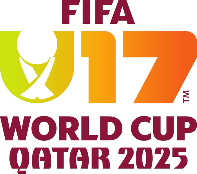 Colorful official logo for the FIFA U-17 World Cup 2025 event in Qatar displaying the FIFA emblem above U17 in gradient yellow and orange with a stylized figure integrated and the text World Cup Qatar 2025 below in maroon lettering.