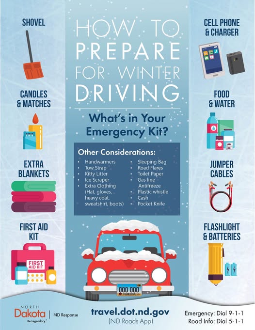 NWSGrandForks's tweet photo. Make sure you’re ready for travel this winter! Winterize your vehicle, pack an emergency supply kit, and know where to find weather and road condition information. #NDwx #WinterWeatherAwarenessWeek https://t.co/YBdhdH5yFX