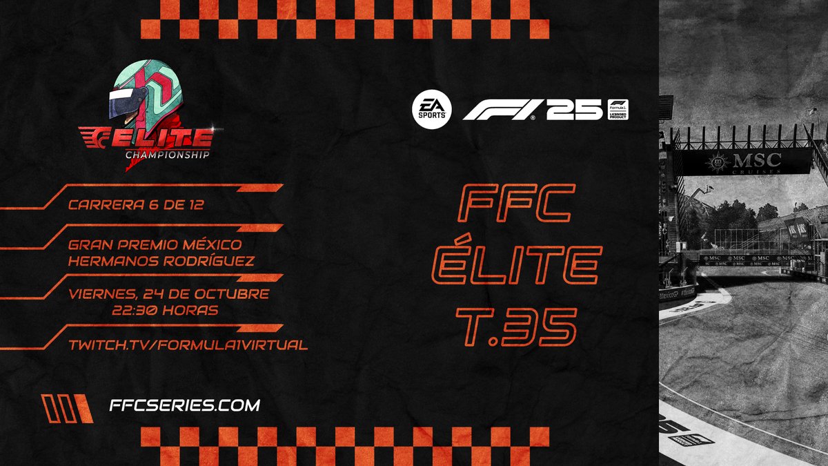 #FFCÉlite | 🇲🇽 Viva México cabrones!!

✈️ Hoy viajamos hasta el Hermanos Rodríguez para disputar la sexta prueba de FFC Élite.

🎙️ <a href="/cocoloco300/">cocoloco29</a> y <a href="/WSharperduke/">TCC Duke</a> nos lo contarán en el canal de Twitch de <a href="/formula1virtual/">Formula 1 Virtual</a>

📺 twitch.tv/formula1virtual