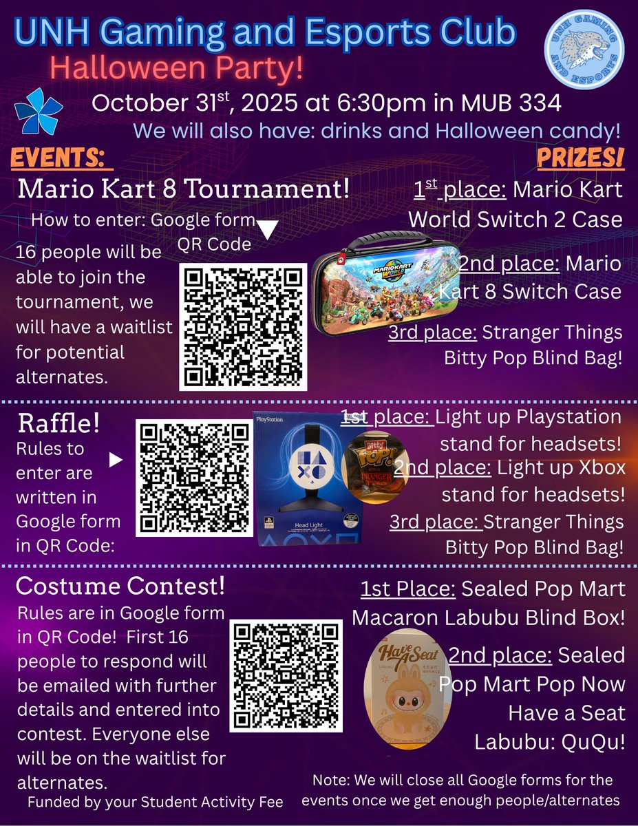 Link to Mario Kart Tourney: docs.google.com/forms/d/e/1FAI…
Link to Costume Contest: docs.google.com/forms/d/e/1FAI…
Link to Raffle Interest Form: docs.google.com/forms/d/e/1FAI…
