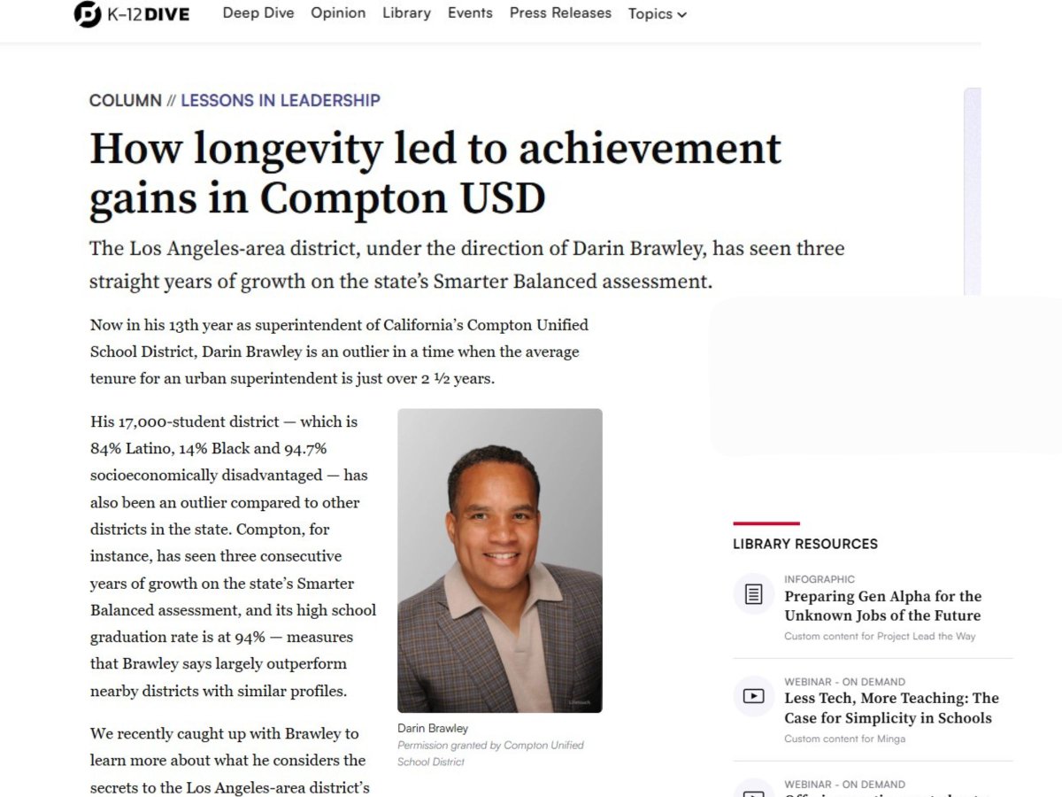 ComptonUnified's tweet photo. Compton Unified in the News! 📰

Congrats to Supt Dr. Darin Brawley and CUSD for being recognized by K12 Dive for the district’s remarkable success! 🙌🏽🎉

Read here 👉 https://t.co/rNjnJcfeYV

#ComptonUnified #Leadership #Education #StudentSuccess https://t.co/A8XjKYUP2r