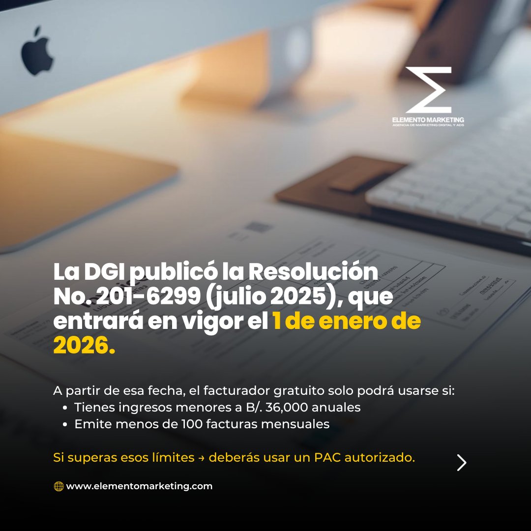 ElementoMktg's tweet photo. Zoho Books y la facturación fiscal en Panamá: lo que debes saber

Desde enero 2026, la DGI limitará el facturador gratuito.
Empresas que superen B/.36,000 o 100 facturas/mes deberán usar un PAC.

Lee el artículo completo aquí 
🔗 https://t.co/6zPK1sRr0U https://t.co/dv2ELYtfE8
