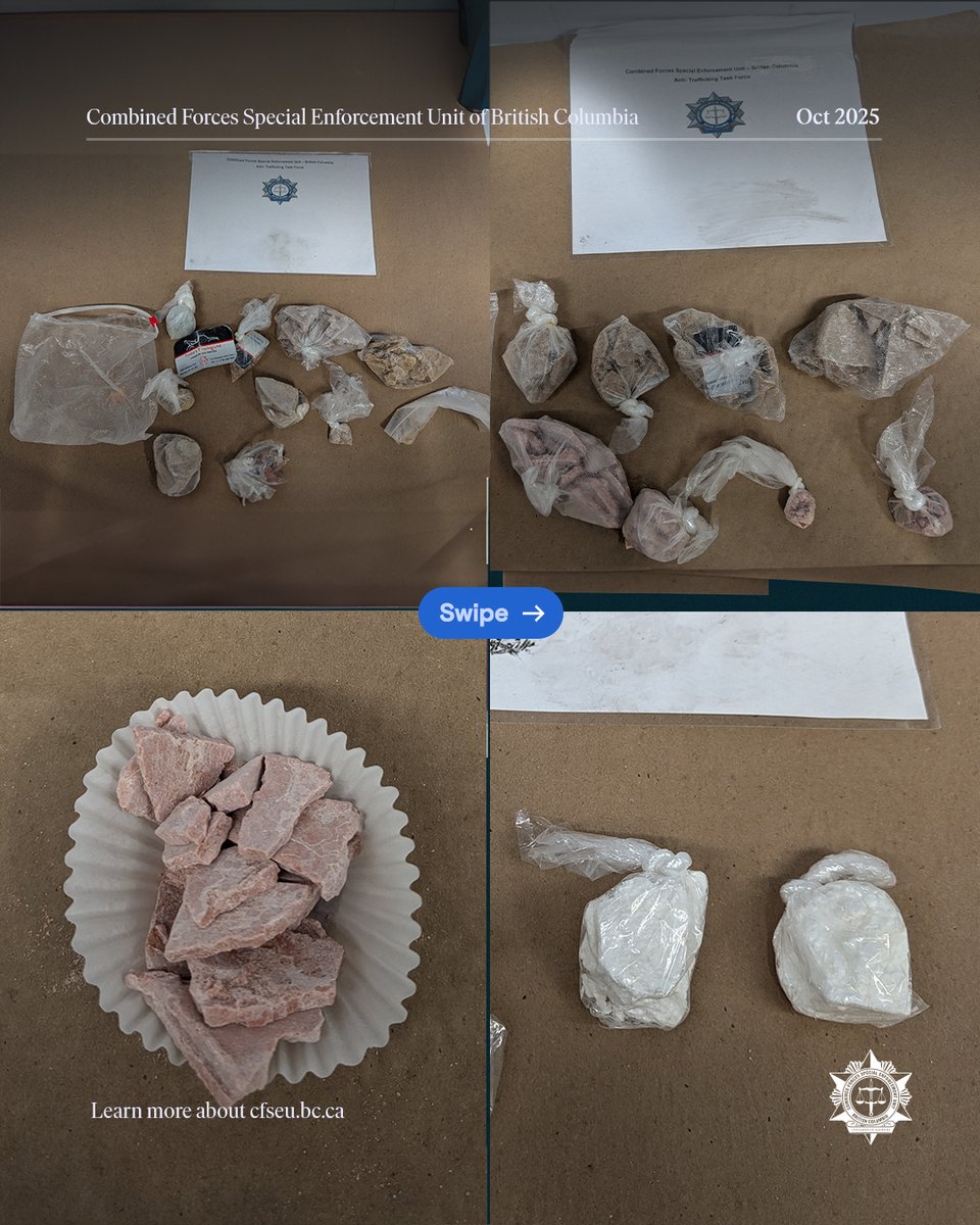 cfseubc's tweet image. 💊 CFSEU-BC charges two Vancouver men after fentanyl trafficking investigation.
Seized: 3kg fentanyl, 10oz meth, 6oz cocaine, $3K cash.
🔗 bit.ly/4o6dRUe
#CFSEUBC #ATTF #PublicSafety