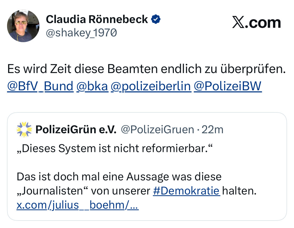 PolizeiGruen's tweet image. Finden nur wir das problematisch, wenn eine Polizeibeamtin wegen einer Meinungsäußerung die Polizeien von Bund u. Land (warum eigentlich BW?) adressiert und uns blockiert? #Polizeiproblem