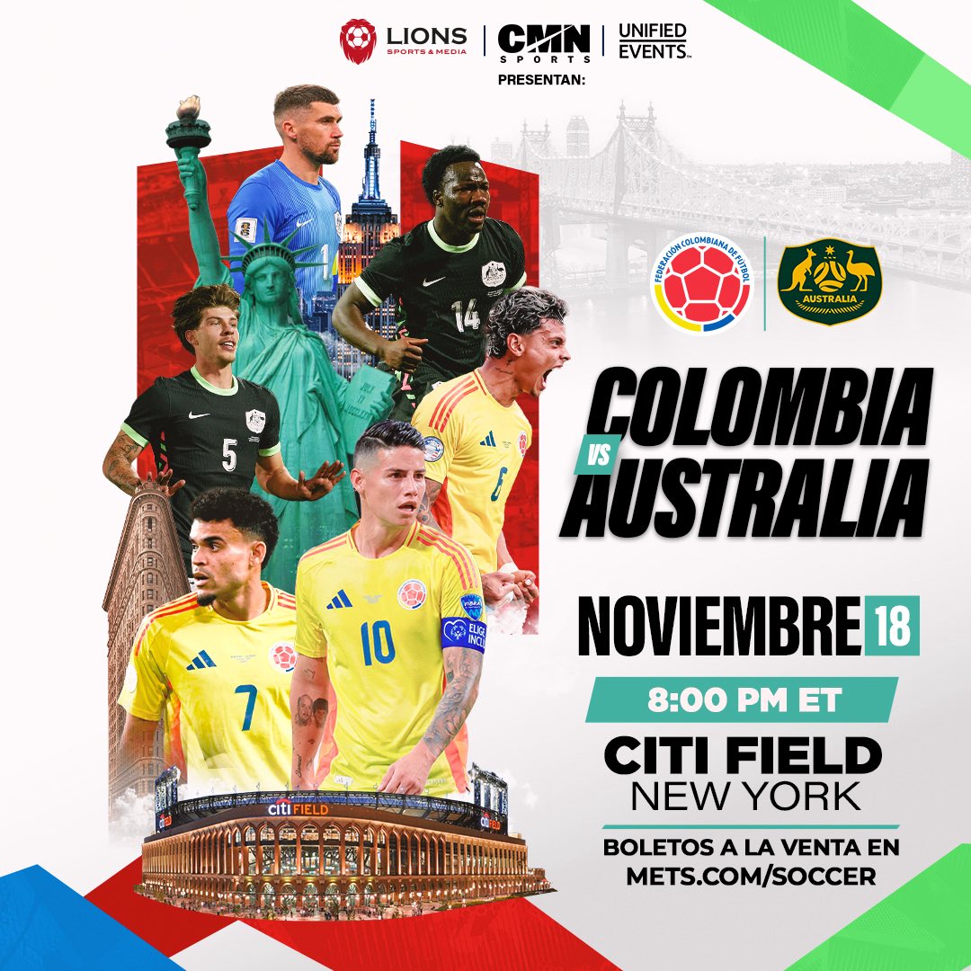 CitiField's tweet image. Colombia’s opponent has changed from Nigeria to Australia, as both nations face off at Citi Field on November 18 on the road to the 2026 FIFA World Cup! 🇨🇴🇦🇺⚽ 

Get your tickets now:
🎟️ Mets.com/Soccer