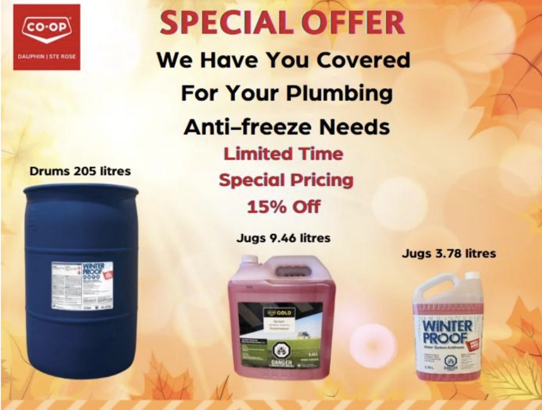 Hurry in for 15% off already low prices on Winterizer products at our Dauphin and Ste Rose Agro Centres, this week only! 

Get ready for the season and take advantage of this limited-time offer. ⏳

#DauphinCoop #Agro #Winterizer #Special