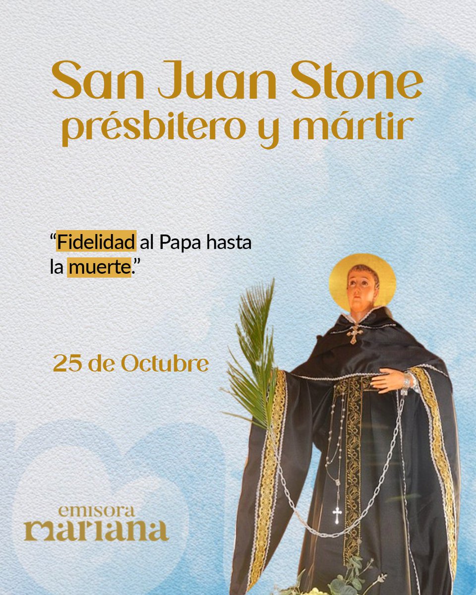 25 de octubre | San Juan Stone ✝️
Fraile agustino, doctor en teología y prior en Canterbury.
Negó al rey Enrique VIII la autoridad sobre la Iglesia y fue ejecutado por su fidelidad.
🙏 San Juan Stone, ruega por nosotros.
#SanJuanStone #OrdenDeSanAgustín #MártirAgustino #Fe