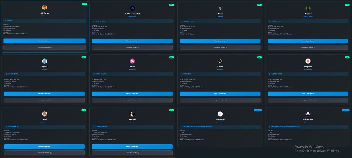 DegenShoots's tweet image. 10 live AI campaigns on Arbus Chirps: rewards for ARBUS stakers and Chirpers. 
#1. @100xDarren | 10 $SOL
#2. @BaseVolApp | 2,000,000 $ATM
#3. @Arbusai | 3,000,000 $ARBUS
#4. @AIxVC_Axelrod | 1,000,000 $AXR
#5. @FyniAI | 4,500,000 $FYNI
#6. @karum_AI | 105,000 $KARUM
#7.…
