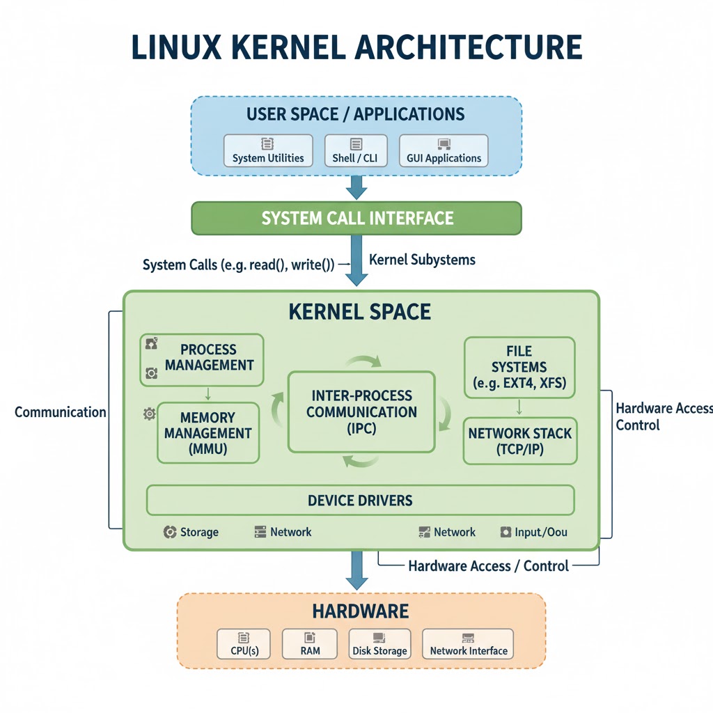 e_opore's tweet image. Linux Kernel Architecture
1. Introduction
→ The Linux Kernel is the core part of the Linux operating system.
→ It acts as a bridge between hardware and software applications.
→ It manages processes, memory, devices, and system calls.
2. Core Responsibilities
→ Process…
