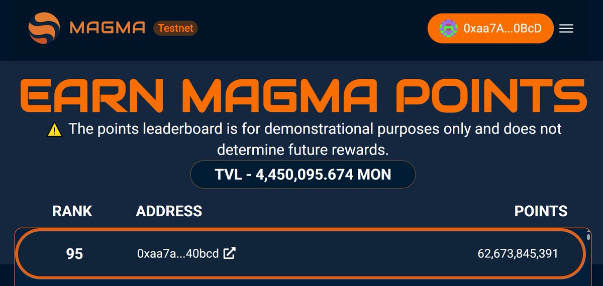 "The points leaderboard is for demonstrational purposes only and does not determine future rewards"

Despite this inscription, I still wanted to return to the top 100 <a href="/MagmaStaking/">Magma 🐲🧡 (mainnet arc)</a>  

#MONA