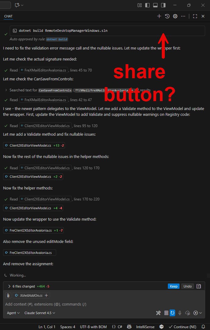 awakecoding's tweet image. I really wish GitHub Copilot in @code had a "share" button to easily share entire chat histories with colleagues within the company. I use this feature a lot in ChatGPT to show sample chats, it's the best way to teach tricks that work in practice, by far