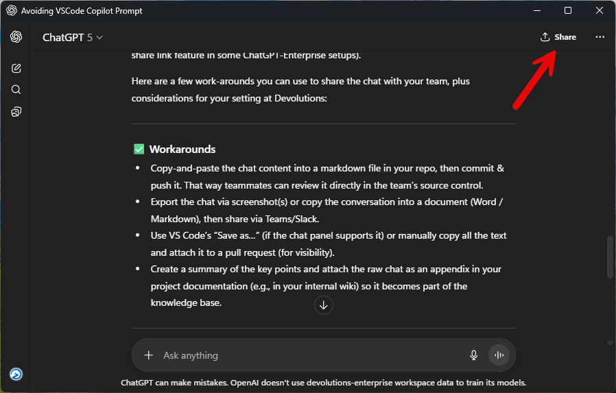 awakecoding's tweet image. I really wish GitHub Copilot in @code had a "share" button to easily share entire chat histories with colleagues within the company. I use this feature a lot in ChatGPT to show sample chats, it's the best way to teach tricks that work in practice, by far