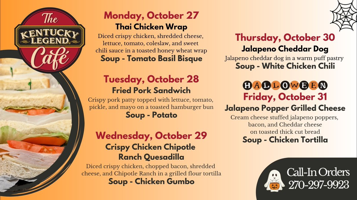 😋 Lunch Specials  
The <a href="/kentucky_legend/">Kentucky Legend</a> Cafe is open from 10am-2pm Monday - Friday for dine-in and carry-out!  #LunchPlansCovered