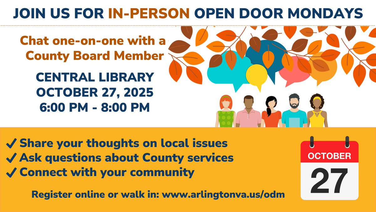 The federal shutdown affects many in our community. Join a member of the County Board at Open Door Mondays on Oct. 27, 6–8 PM at Central Library to share your experiences or raise other local concerns.

Find the details and meeting link here: arlingtonva.us/odm