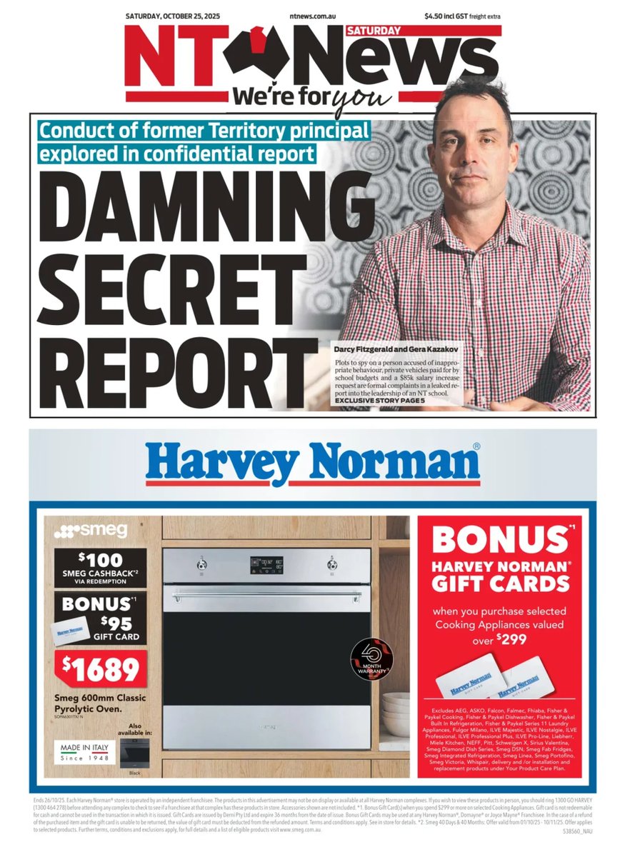 ukpapers's tweet photo. 🇦🇺 Damning Secret Report

▫Plots to spy on persons accused of inappropriate behaviour, private vehicles paid for by school budgets and a suspect $85k salary increase request are formal complaints in confidential report
▫@Drcyftz @gera_kazakov

#frontpagestoday #Australia @TheNTNews
